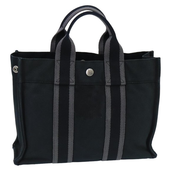 HERMES Fourre Tout PM Hand Bag Canvas Black Gray Silver Auth ti2255 - Picture 1 of 16
